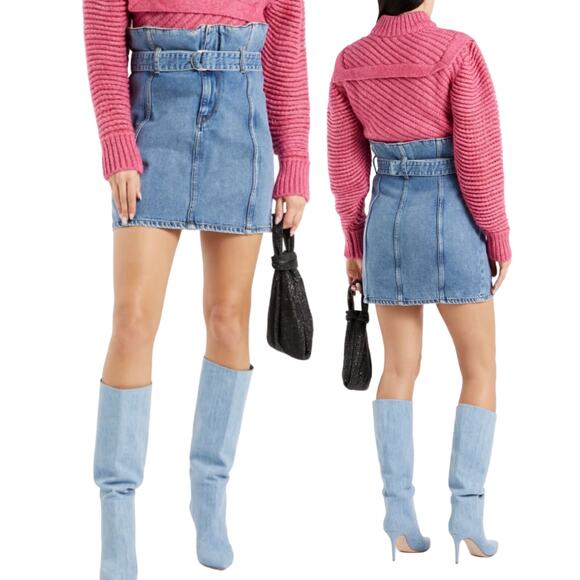 IRO Melay Belted Denim Mini Skirt Rigid Non Stretch Cotton Blue Jean Womens 40 8 - Picture 1 of 7